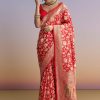 Red Silk Handwoven Banarasi Saree With Floral Zari Jaal Work
