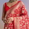 Red Silk Handwoven Banarasi Saree With Floral Zari Jaal Work