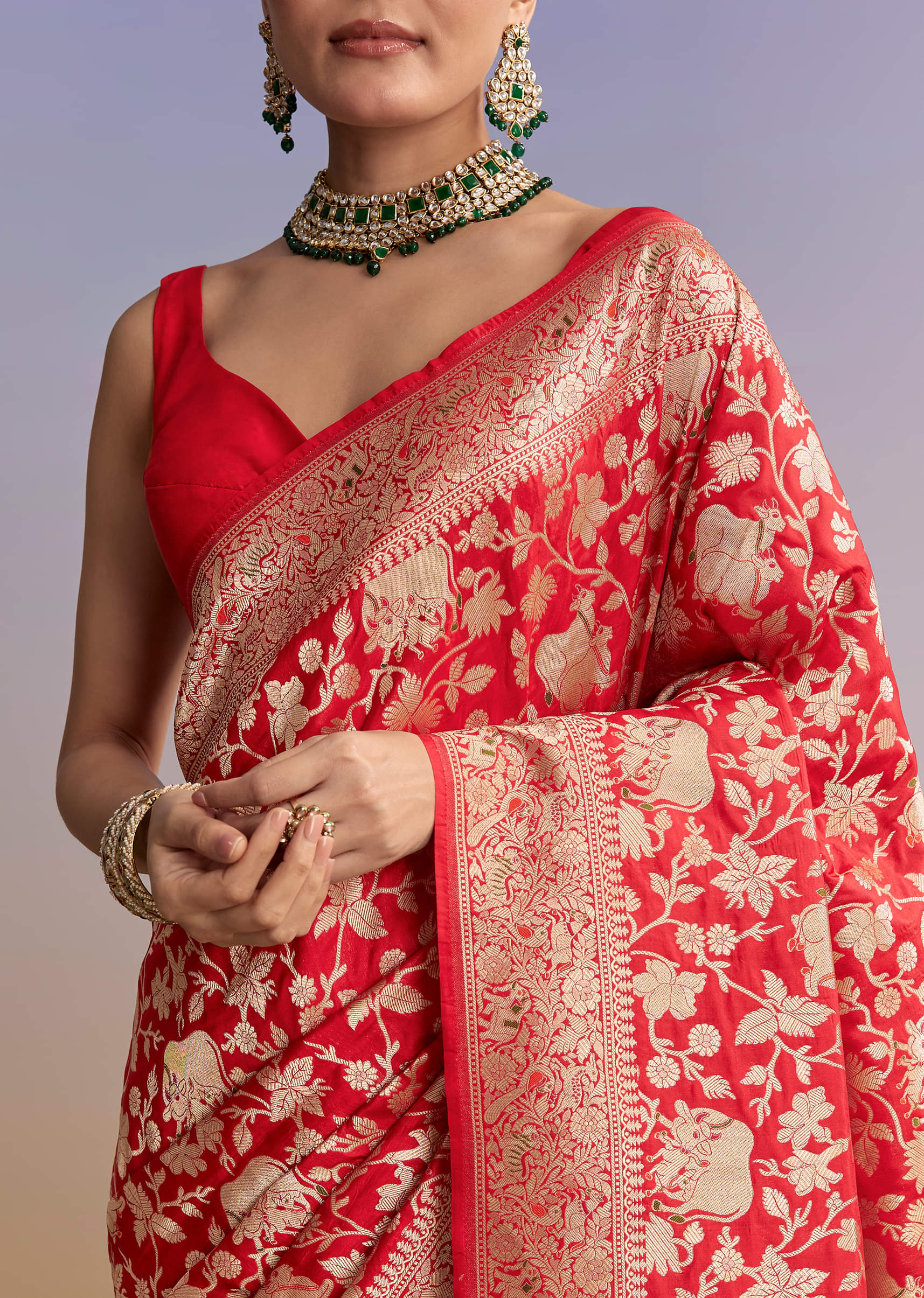 Red Silk Handwoven Banarasi Saree With Floral Zari Jaal Work