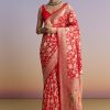 Red Silk Handwoven Banarasi Saree With Floral Zari Jaal Work