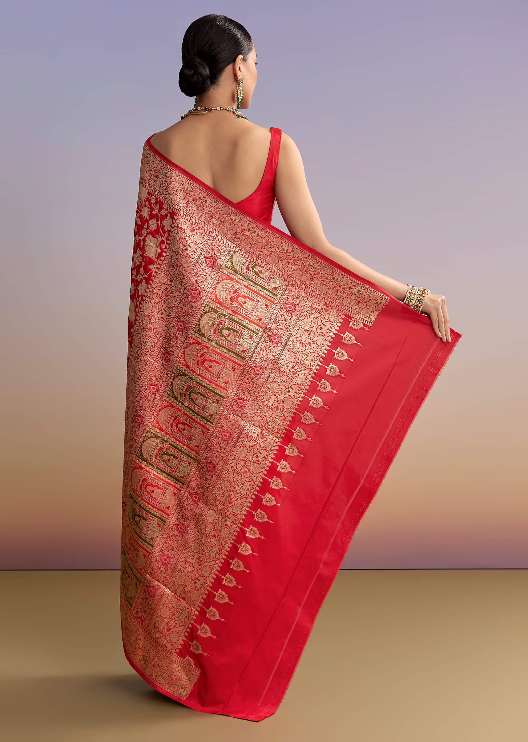 Red Silk Handwoven Banarasi Saree With Floral Zari Jaal Work