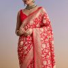 Red Silk Handwoven Banarasi Saree With Floral Zari Jaal Work