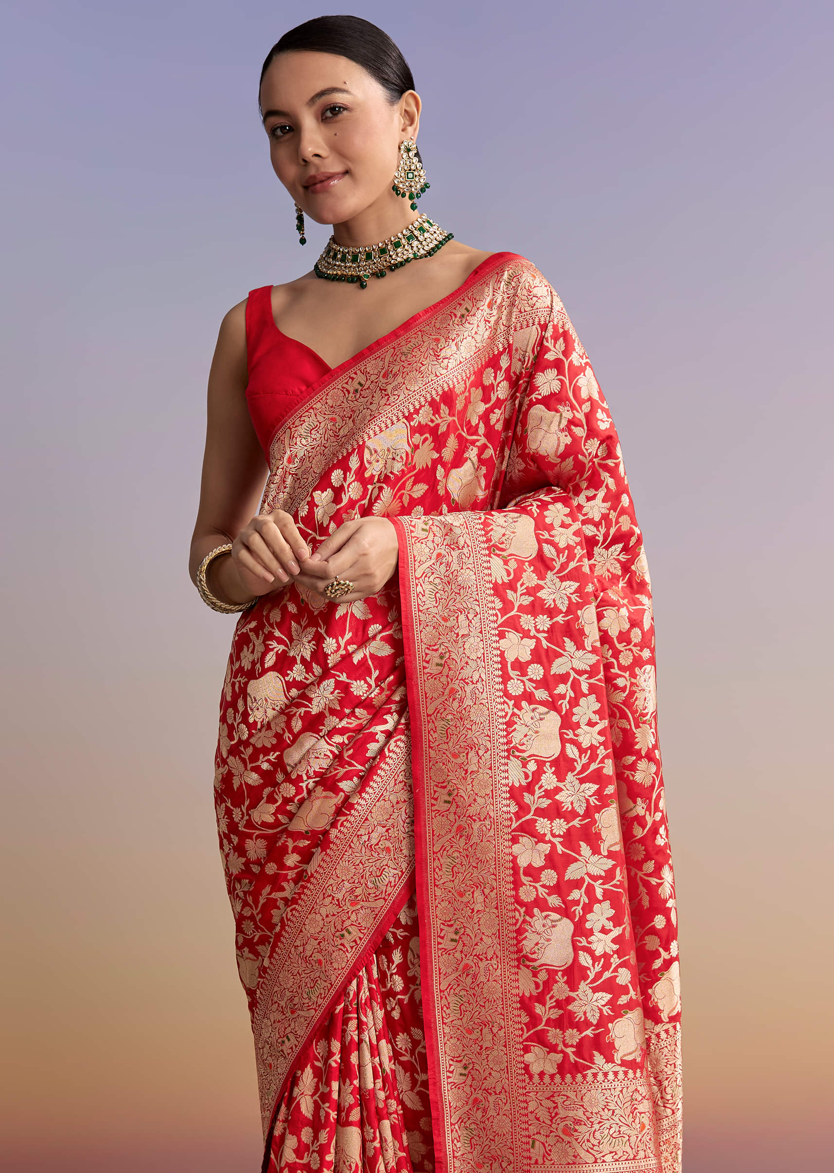 Red Silk Handwoven Banarasi Saree With Floral Zari Jaal Work