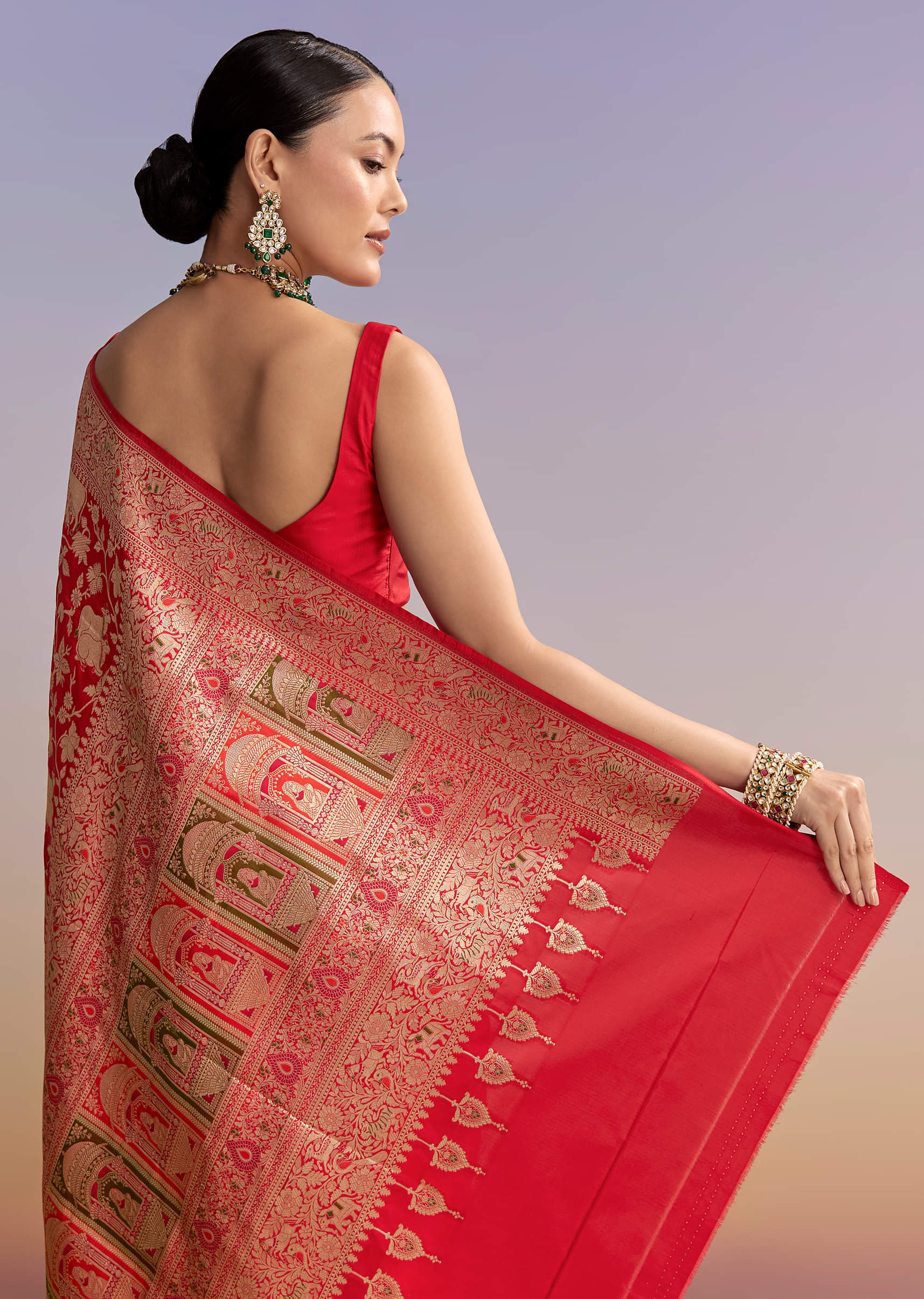 Red Silk Handwoven Banarasi Saree With Floral Zari Jaal Work