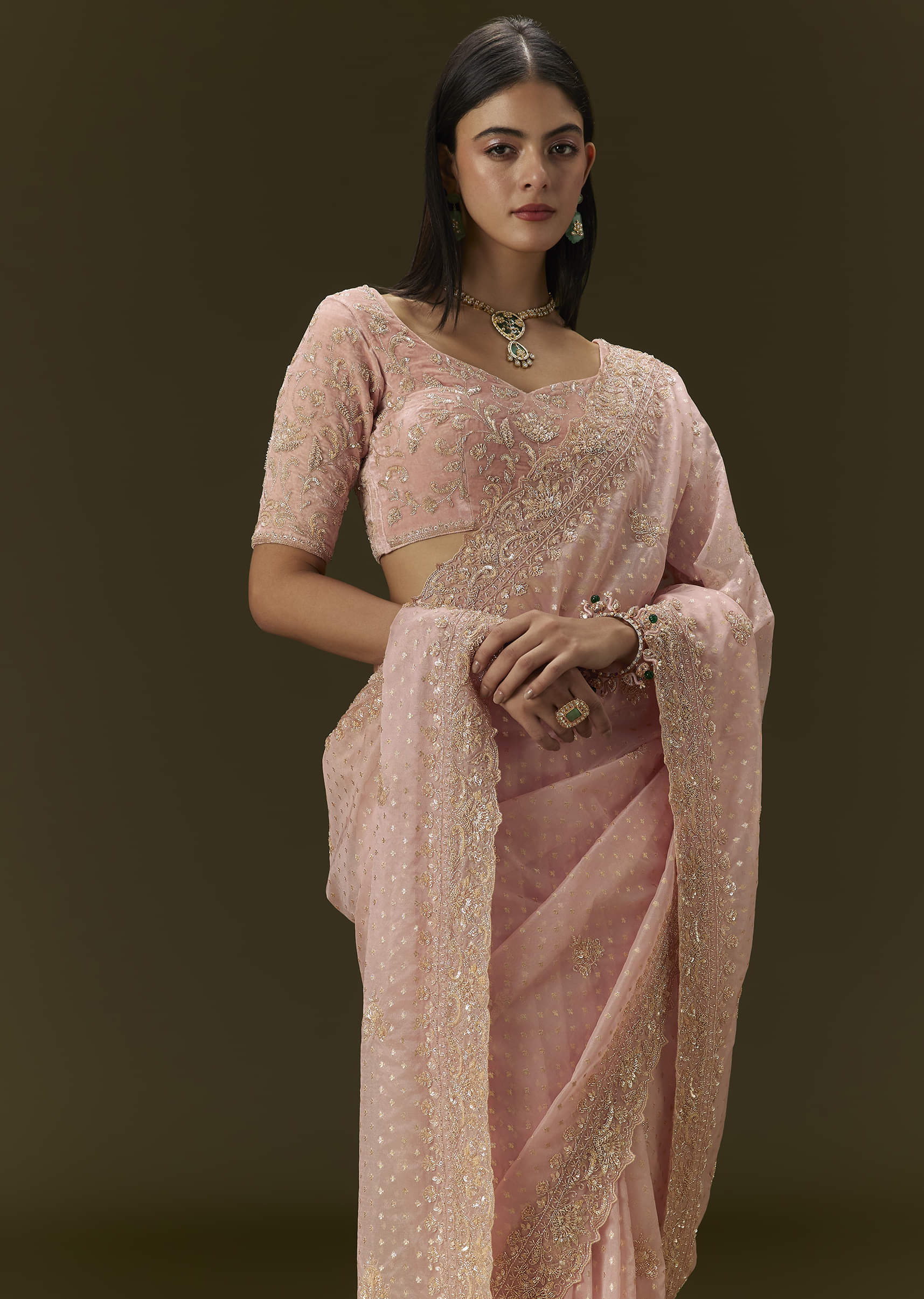 Pink Banarasi Tissue Saree With Velvet Embroidered Blouse