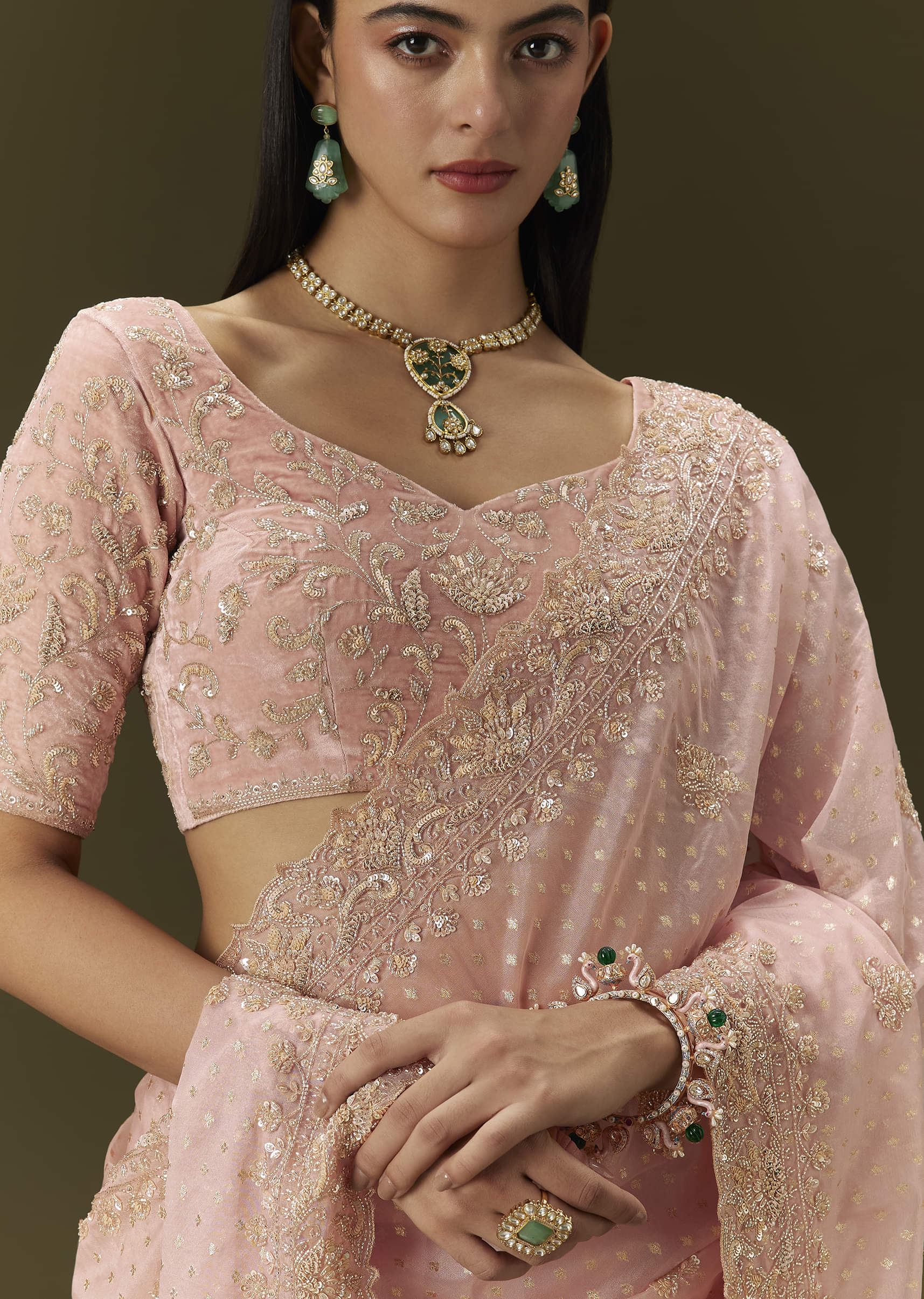 Pink Banarasi Tissue Saree With Velvet Embroidered Blouse