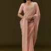 Pink Banarasi Tissue Saree With Velvet Embroidered Blouse