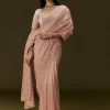 Peach Banarasi Tissue Saree With Velvet Embroidered Blouse