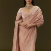 Peach Banarasi Tissue Saree With Velvet Embroidered Blouse