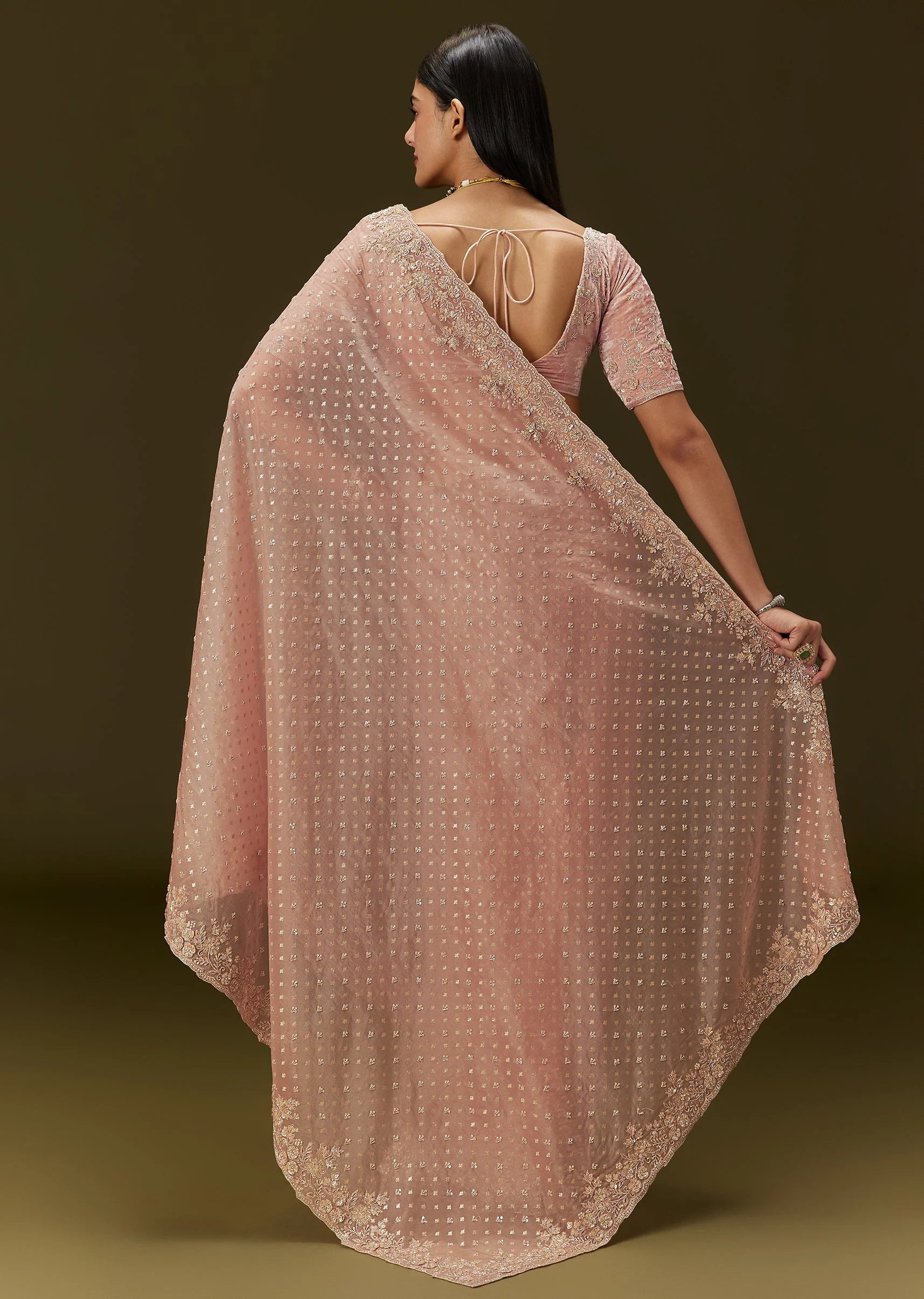 Peach Banarasi Tissue Saree With Velvet Embroidered Blouse