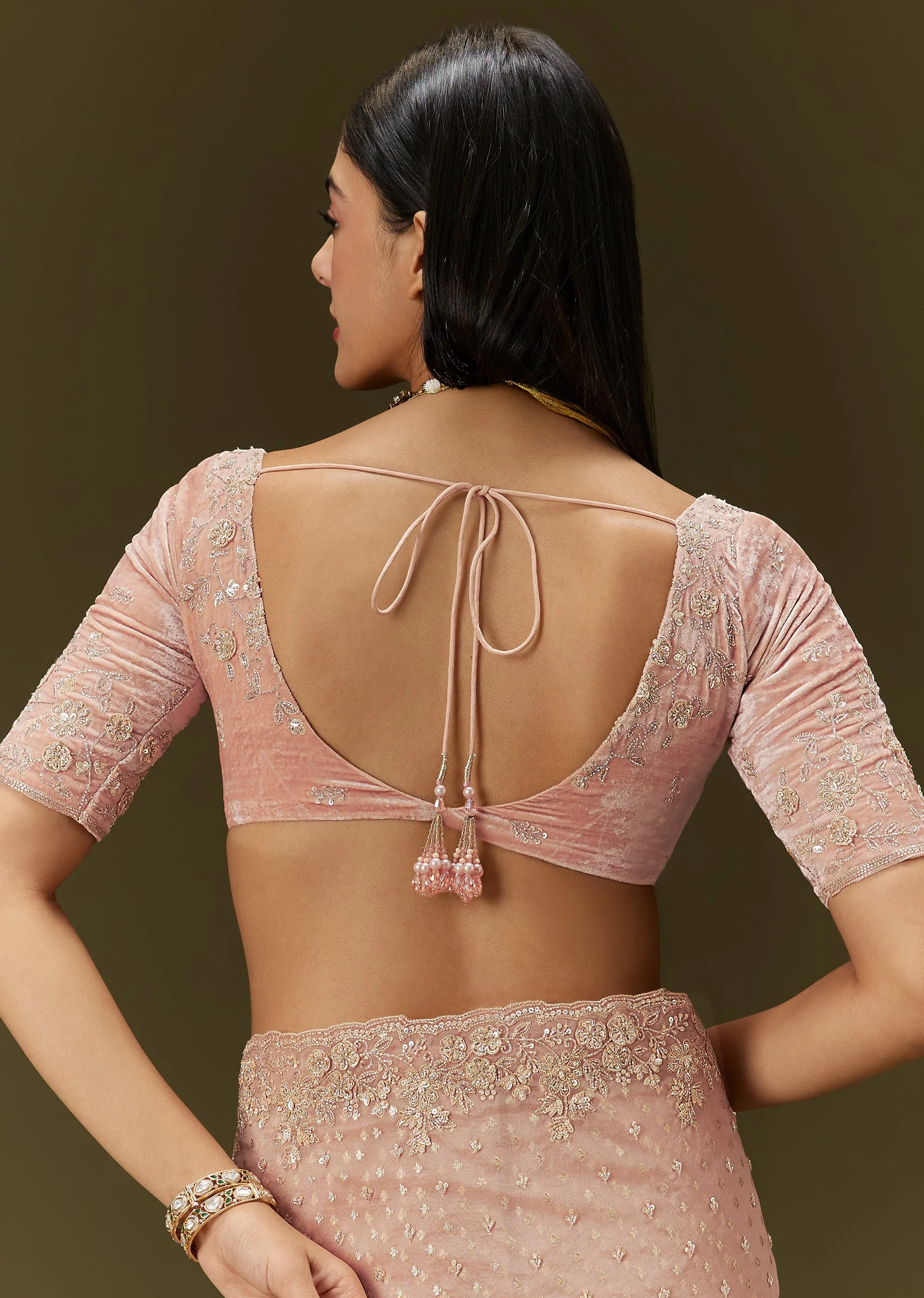 Peach Banarasi Tissue Saree With Velvet Embroidered Blouse