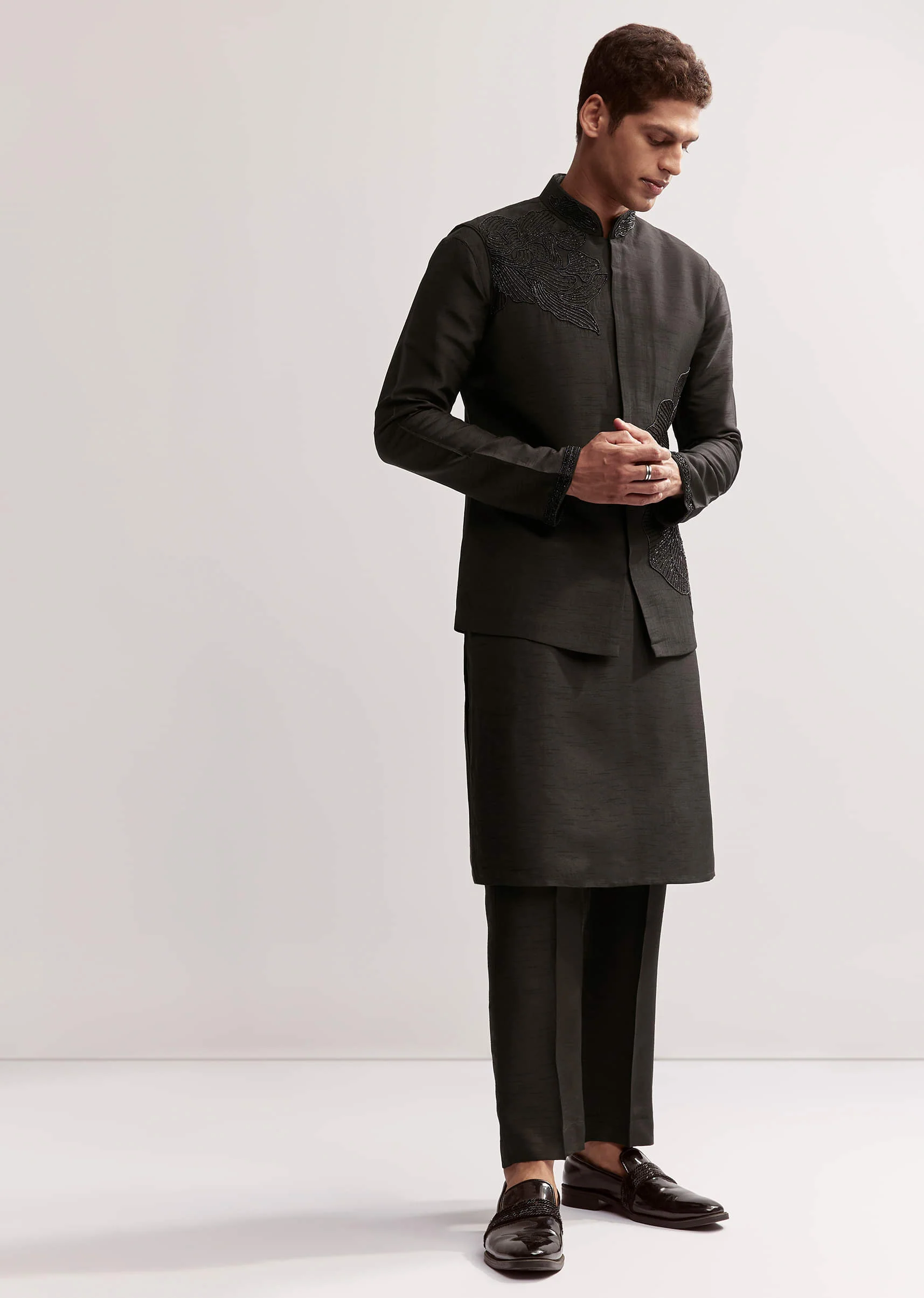 Black Silk Kurta Jacket Set For Men With Floral Cutdana Work