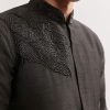 Black Silk Kurta Jacket Set For Men With Floral Cutdana Work