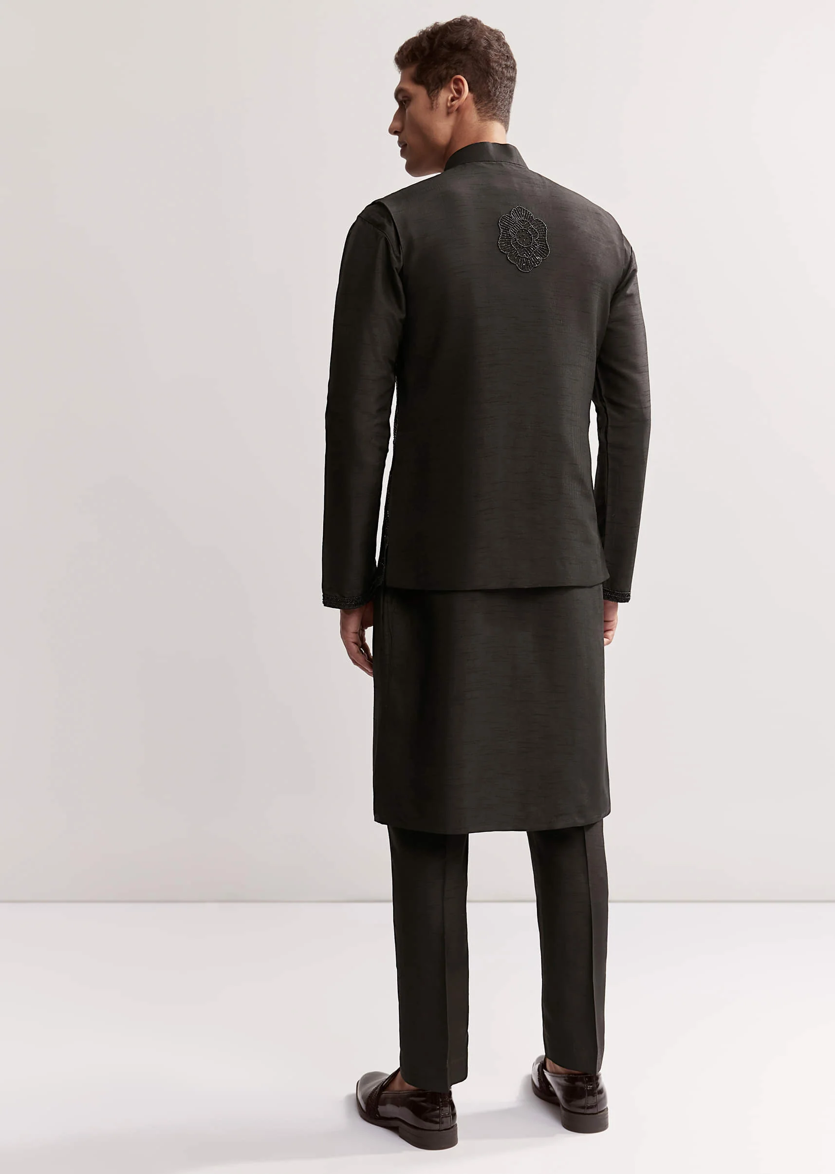 Black Silk Kurta Jacket Set For Men With Floral Cutdana Work