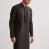 Black Silk Kurta Jacket Set For Men With Floral Cutdana Work