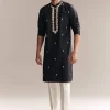 Black Silk Kurta Set For Men With Zardosi And Aari Work