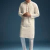 Off White Silk Kurta Set For Men With Zardosi And Aari Work