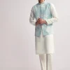 Sky Blue Silk Kurta Jacket Set For Men With Hand Embroidery