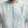 Sky Blue Silk Kurta Jacket Set For Men With Hand Embroidery