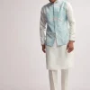 Sky Blue Silk Kurta Jacket Set For Men With Hand Embroidery