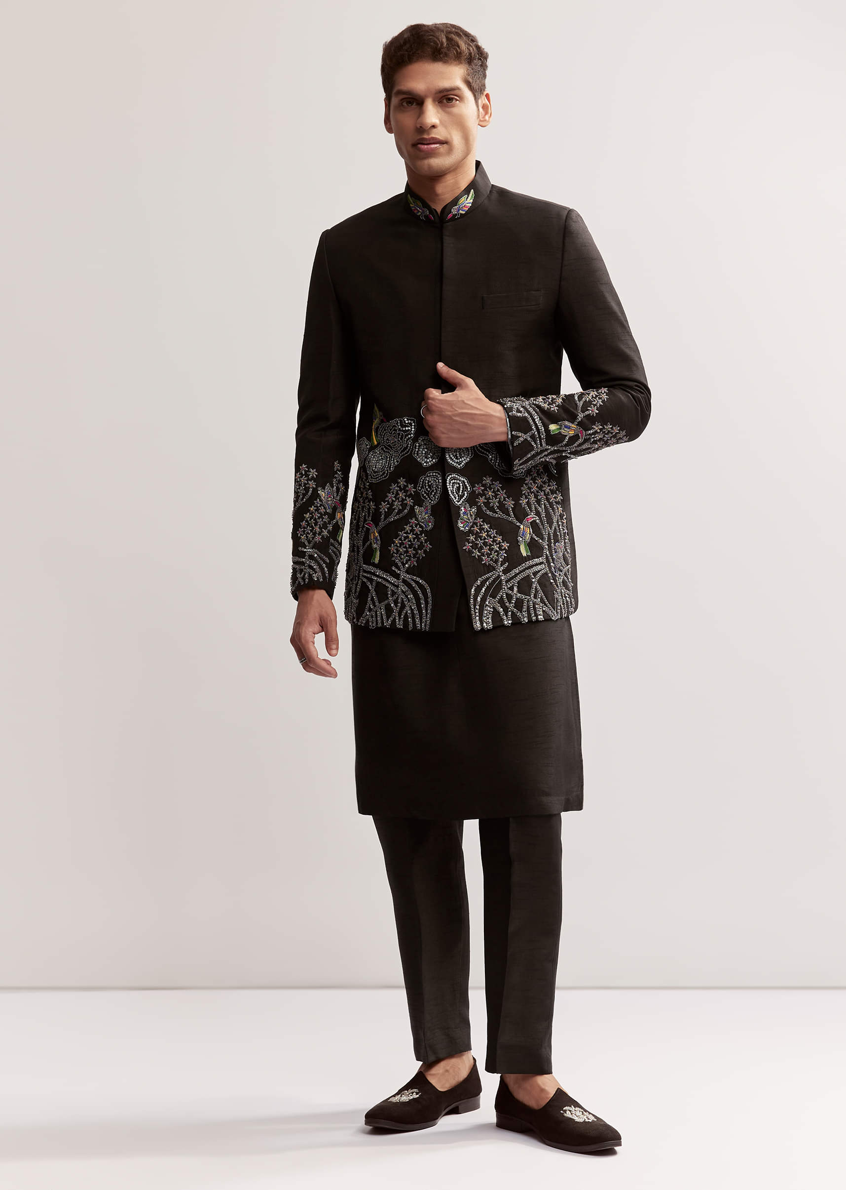 21739-black-silk-kurta-jacket-set-for-men-with-zardosi-embroidery-1.jpg Black Silk Kurta Jacket Set For Men With Zardosi Embroidery