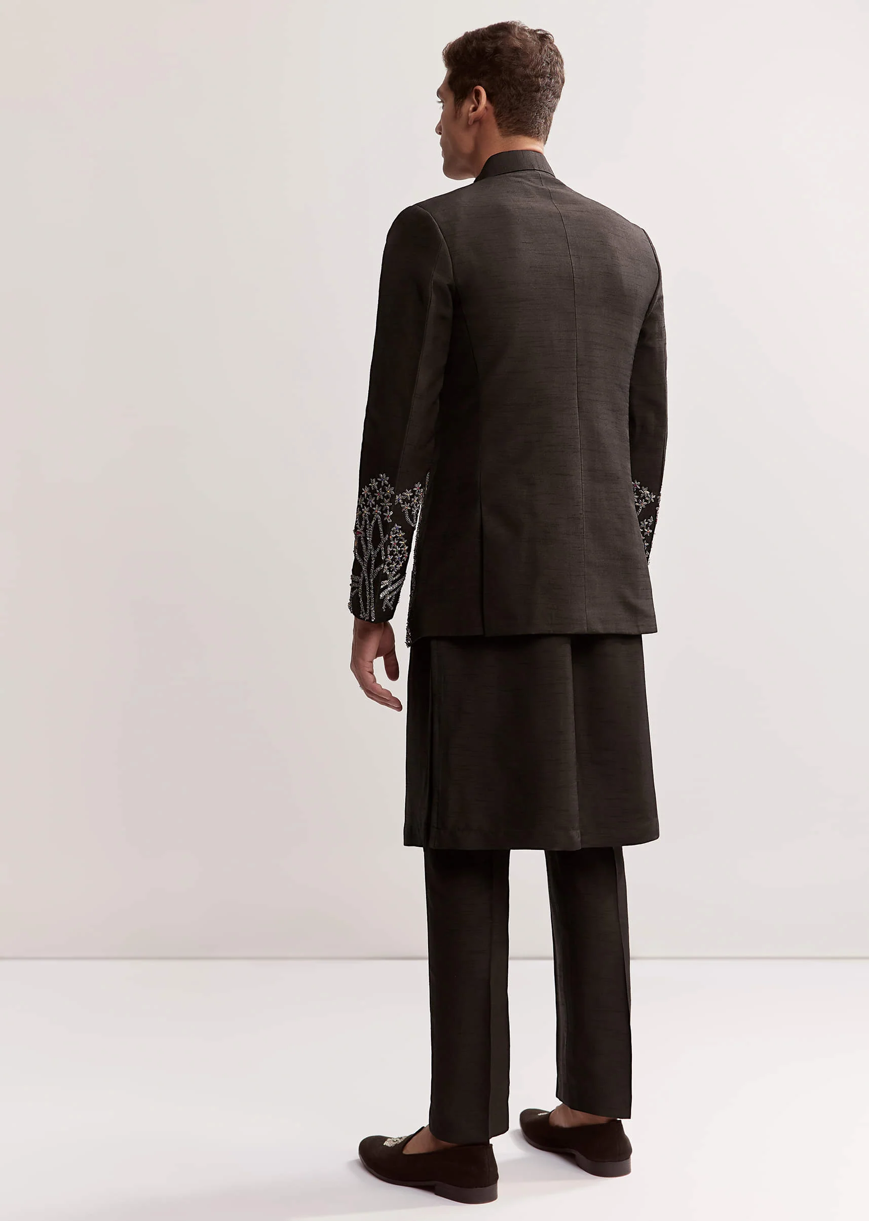Black Silk Kurta Jacket Set For Men With Zardosi Embroidery