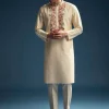 Beige Silk Kurta Set For Men With Resham Aari Embroidery