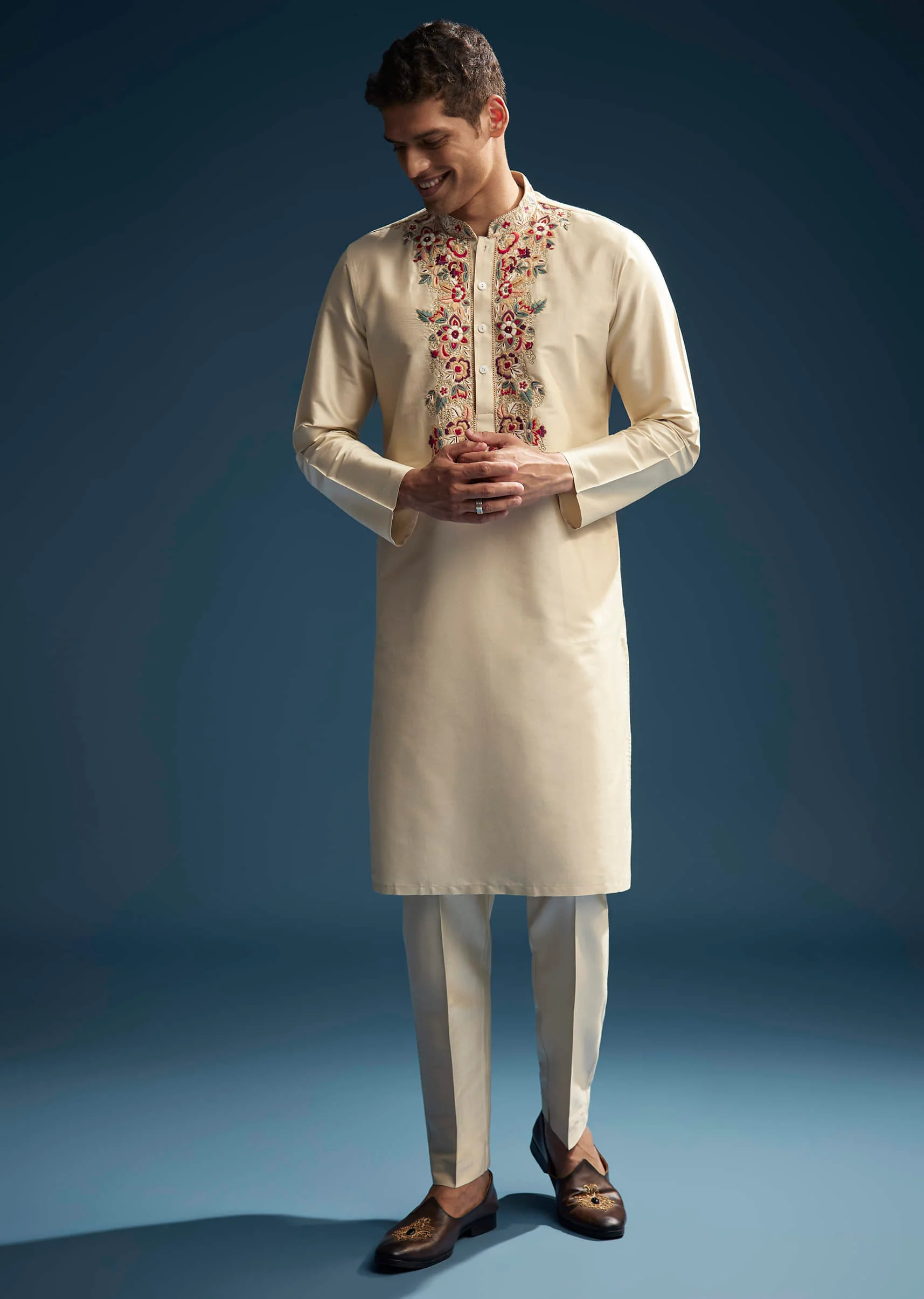 21748-beige-silk-kurta-set-for-men-with-resham-aari-embroidery-1.webp Beige Silk Kurta Set For Men With Resham Aari Embroidery
