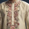 Beige Silk Kurta Set For Men With Resham Aari Embroidery