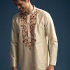 Beige Silk Kurta Set For Men With Resham Aari Embroidery