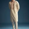 Beige Silk Kurta Set For Men With Resham Aari Embroidery