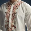 Off White Silk Kurta Set For Men With Resham Embroidery