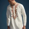 Off White Silk Kurta Set For Men With Resham Embroidery