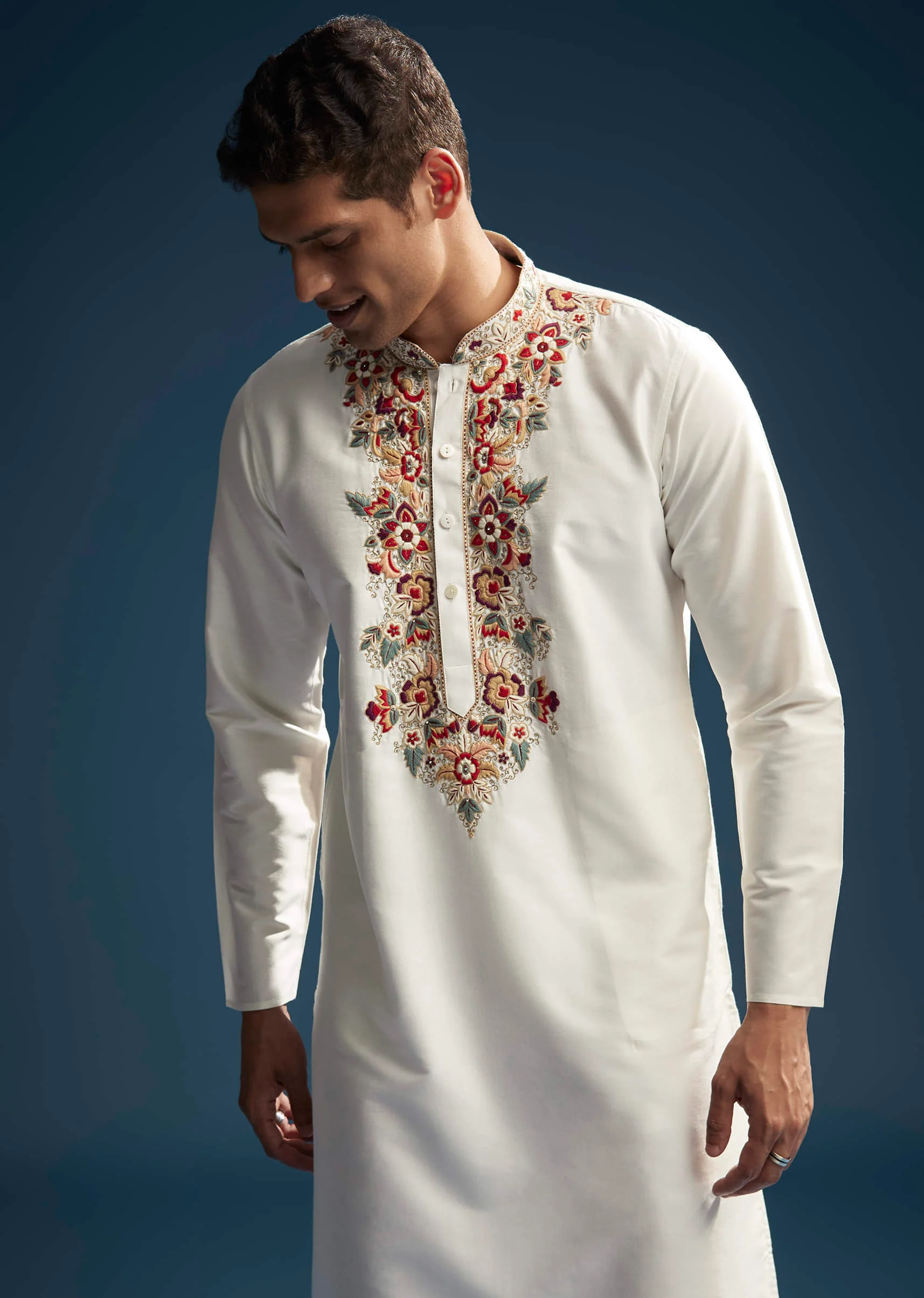 Off White Silk Kurta Set For Men With Resham Embroidery