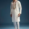Off White Silk Kurta Set For Men With Resham Embroidery