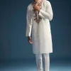 Off White Silk Kurta Set For Men With Resham Embroidery