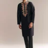 Black Silk Kurta Set For Men With Multi Colour Resham Embroidery