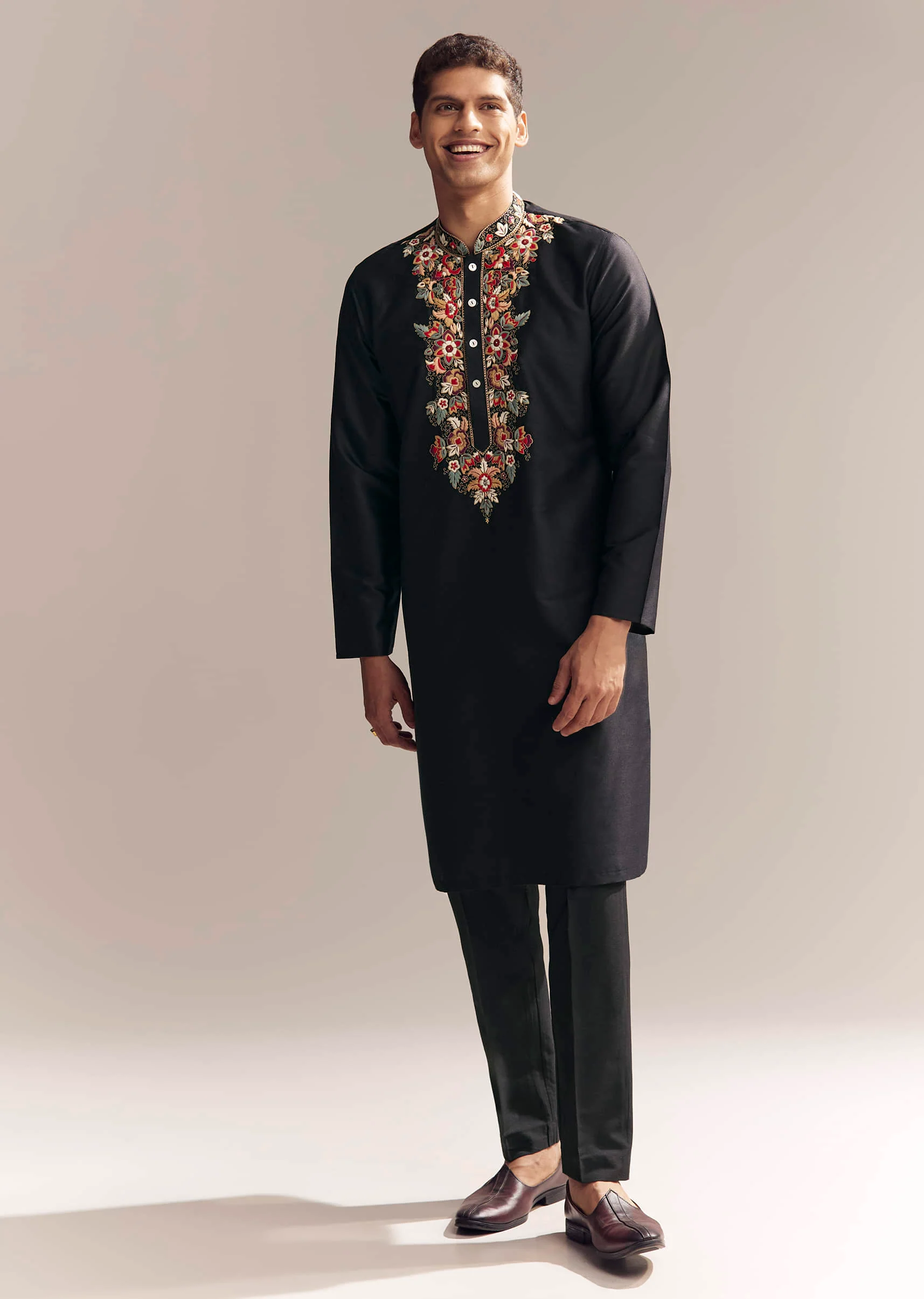 21766-black-silk-kurta-set-for-men-with-multi-colour-resham-embroidery-1.webp Black Silk Kurta Set For Men With Multi Colour Resham Embroidery