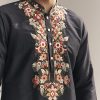 Black Silk Kurta Set For Men With Multi Colour Resham Embroidery