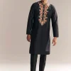 Black Silk Kurta Set For Men With Multi Colour Resham Embroidery