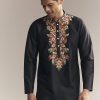 Black Silk Kurta Set For Men With Multi Colour Resham Embroidery