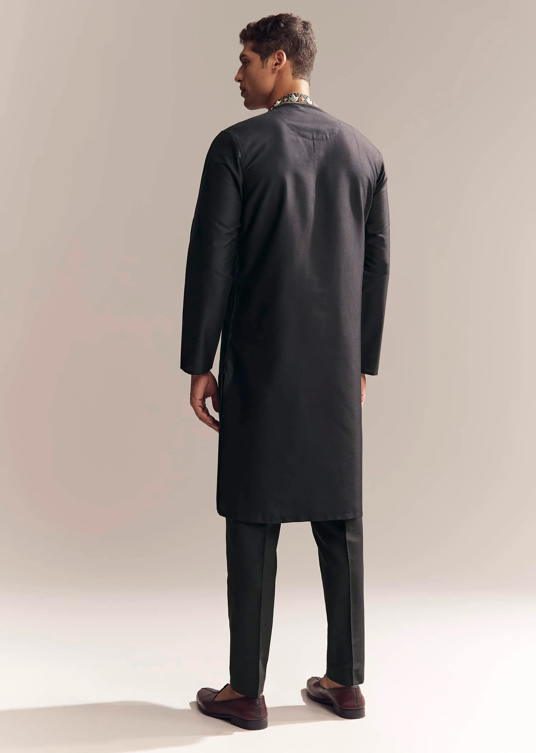 Black Silk Kurta Set For Men With Multi Colour Resham Embroidery