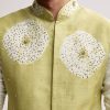 Lime Green Silk Kurta Jacket Set For Men With Hand Embroidery