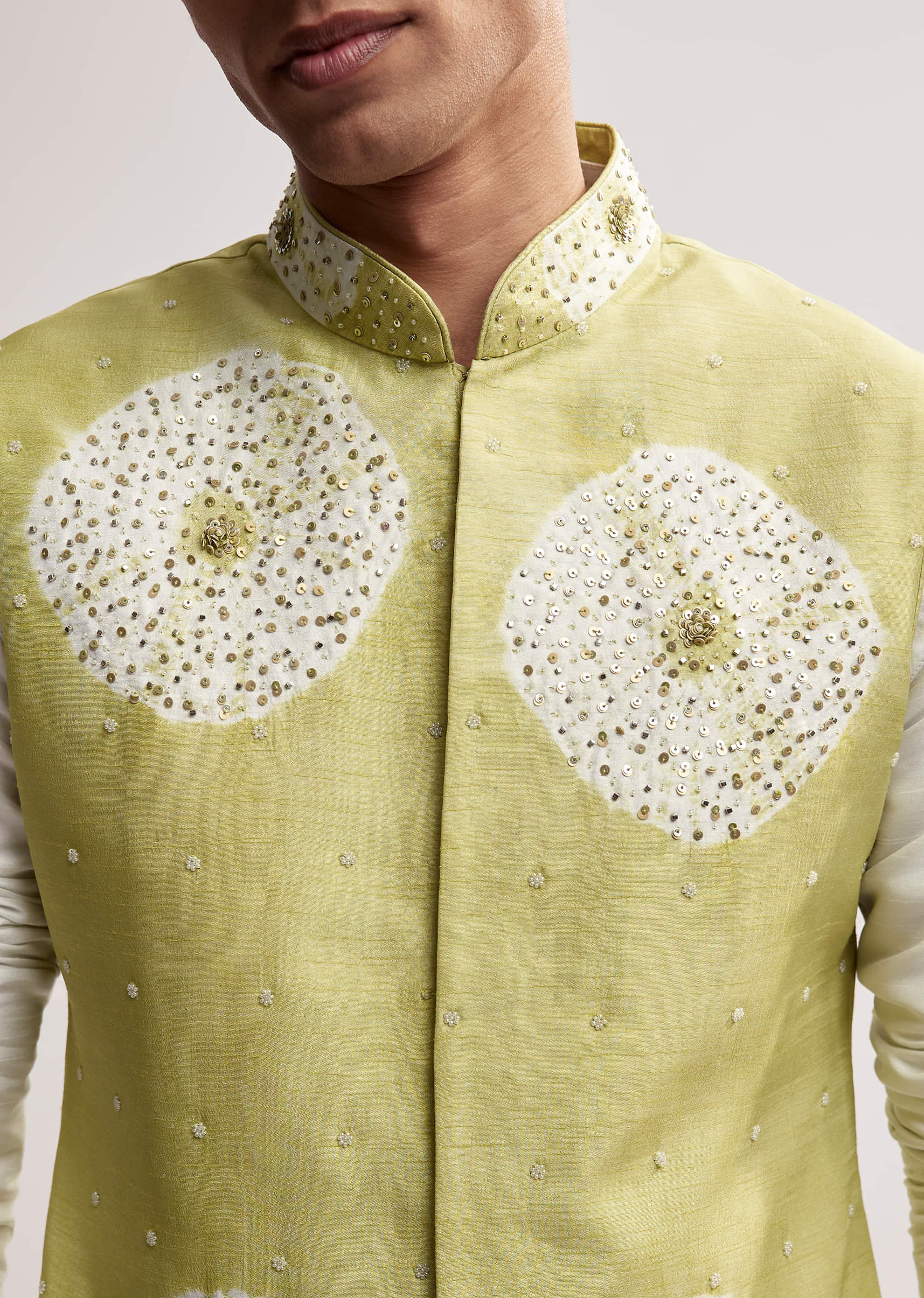 Lime Green Silk Kurta Jacket Set For Men With Hand Embroidery