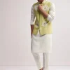 Lime Green Silk Kurta Jacket Set For Men With Hand Embroidery