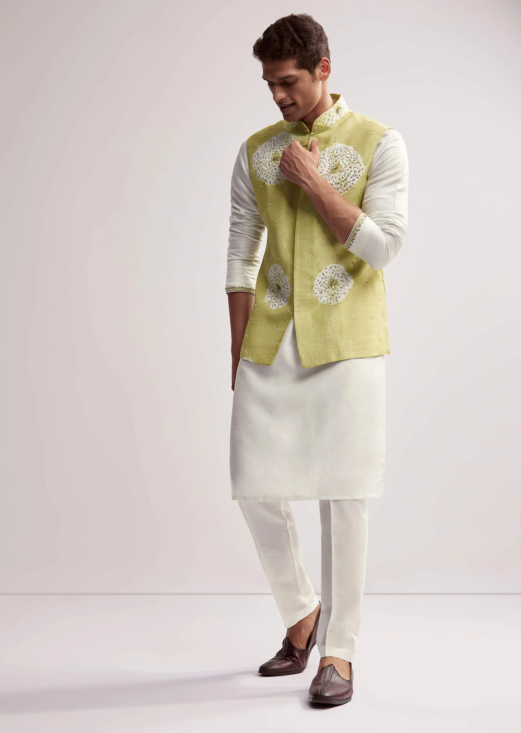 Lime Green Silk Kurta Jacket Set For Men With Hand Embroidery