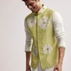 Lime Green Silk Kurta Jacket Set For Men With Hand Embroidery