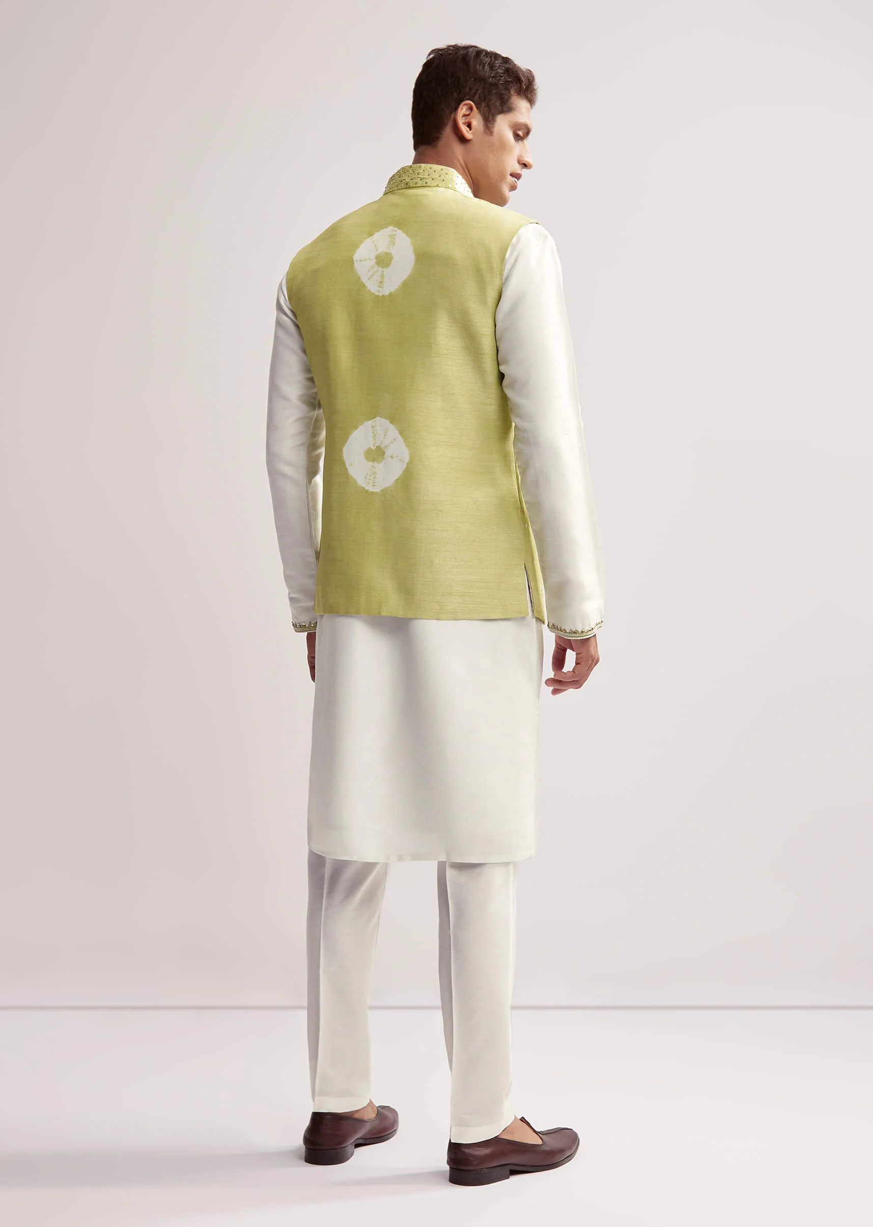 Lime Green Silk Kurta Jacket Set For Men With Hand Embroidery