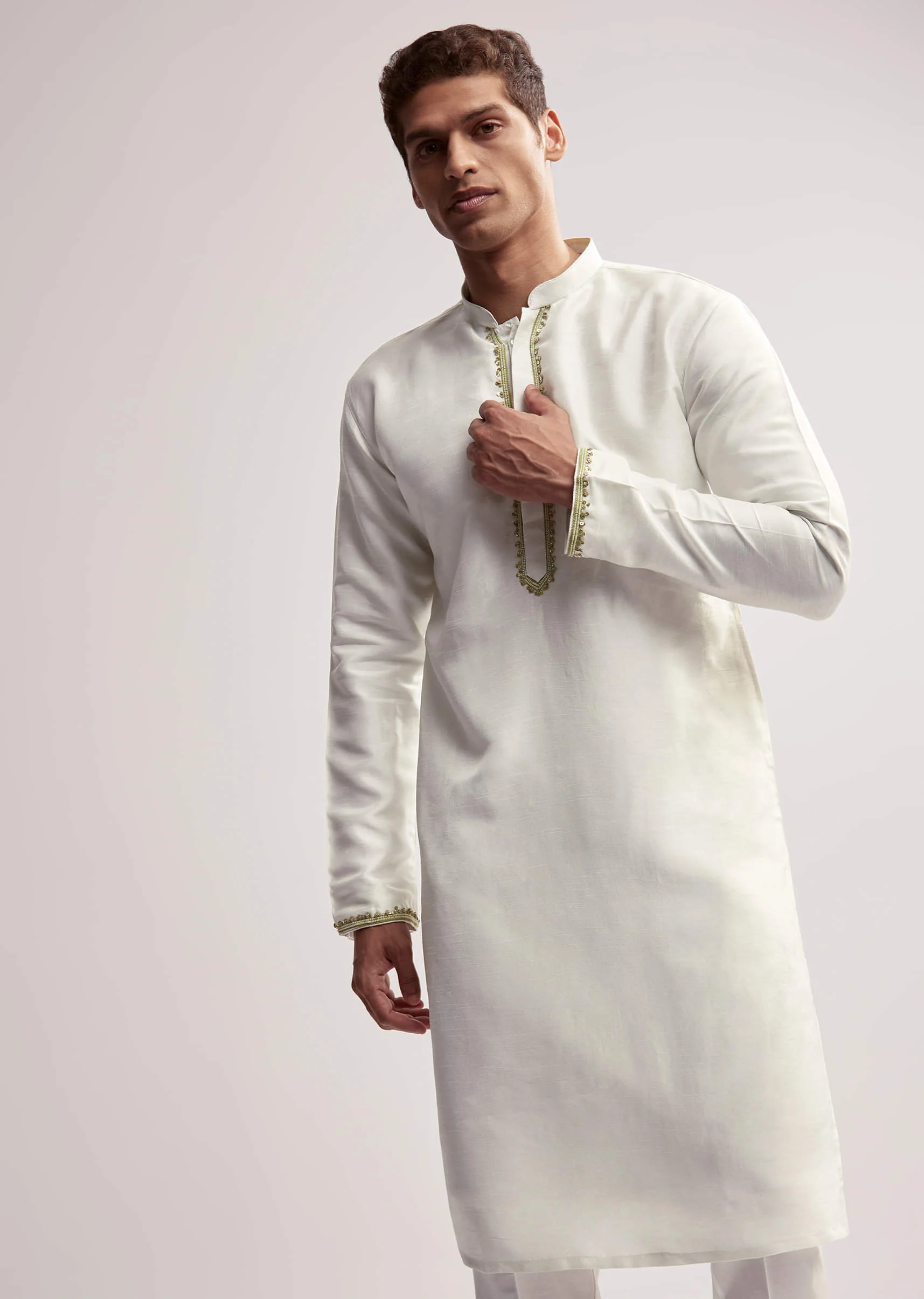 Lime Green Silk Kurta Jacket Set For Men With Hand Embroidery