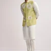 Lime Green Silk Kurta Jacket Set For Men With Hand Embroidery